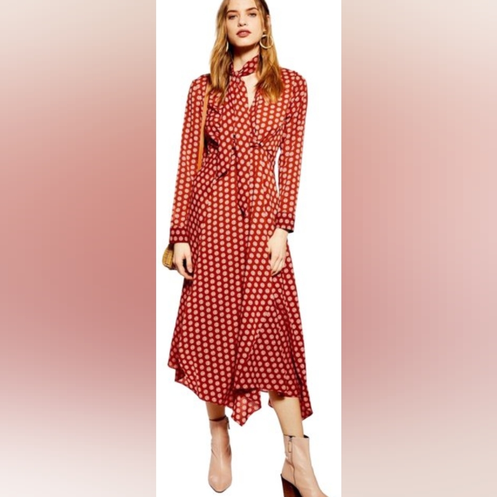 Topshop Red Polka Dot Midi Dress